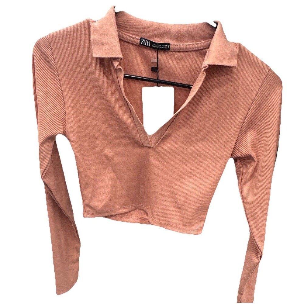 ZARA Ribbed Knit Collared Crop Top Womens Large Pink Long Sleeve NWT